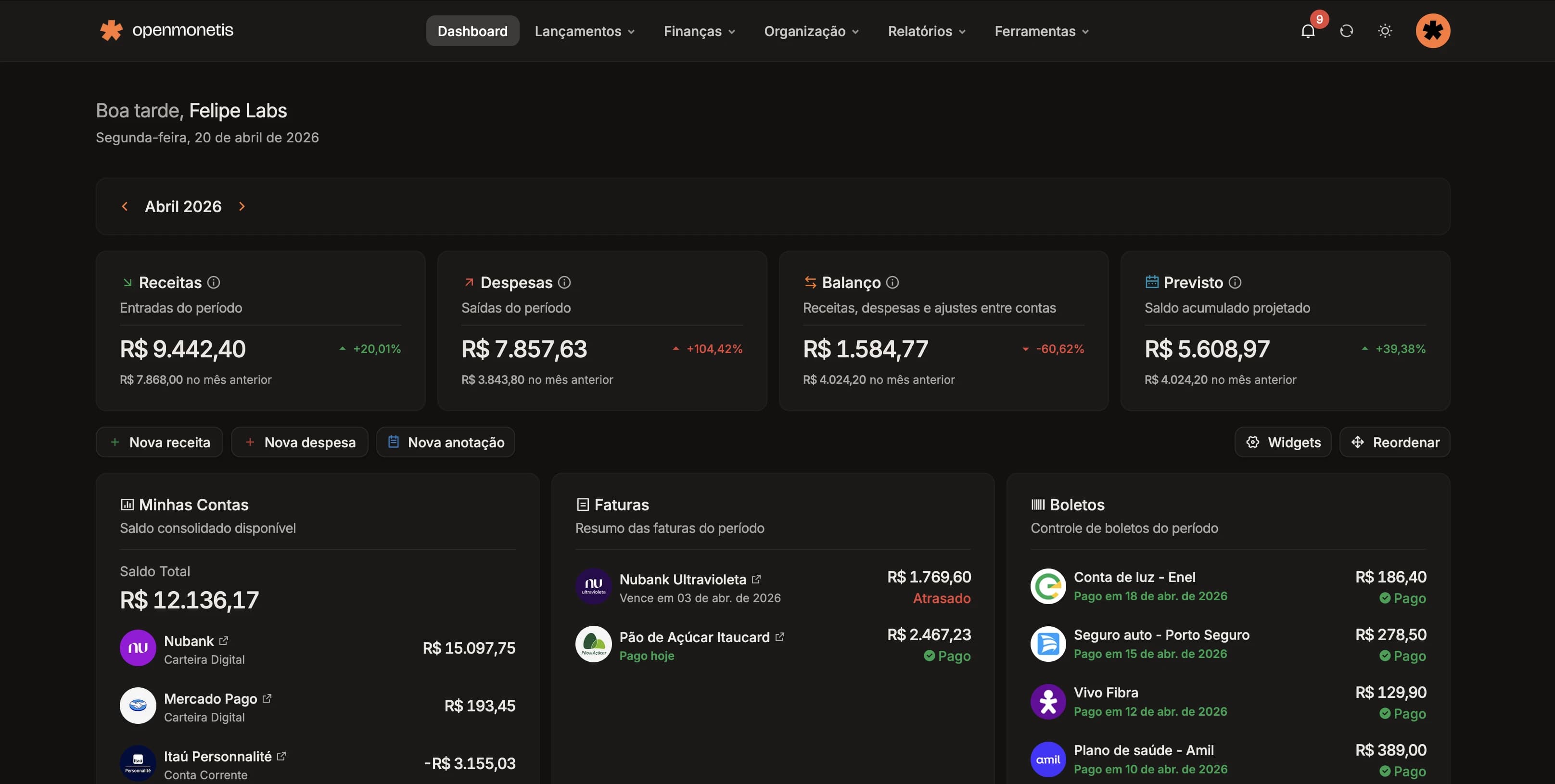 openmonetis Dashboard Preview